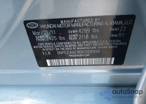 2011 Hyundai Sonata Se z USA, uszkodzony, nr VIN 5NPEC4AC9BH268998